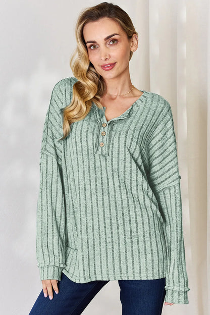 Basic Bae Full Size Ribbed Half Button Long Sleeve T-Shirt Light Green