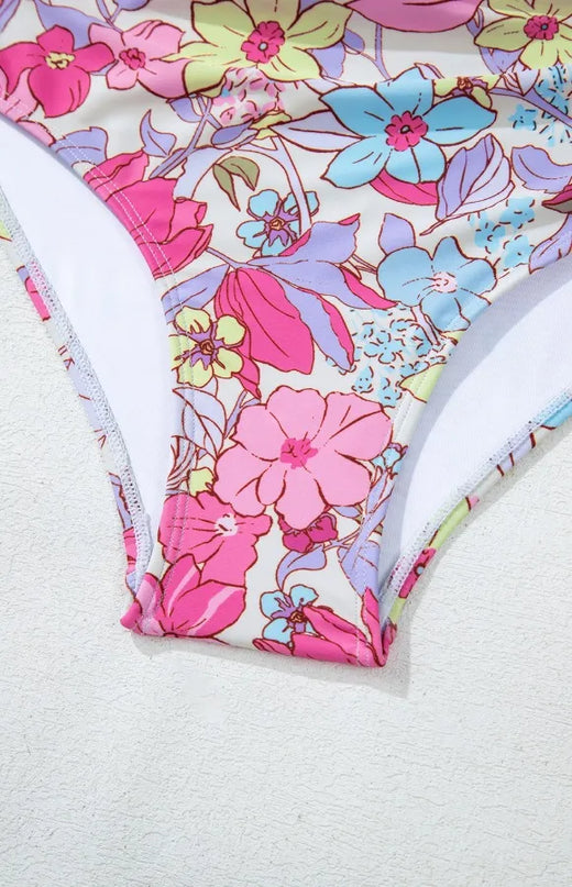 Floral Ruffle Trim Tummy Control One Piece Swimsuit 