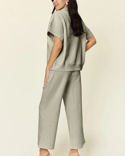 Double Take Full Size Texture Half Zip Short Sleeve Top and Pants Set