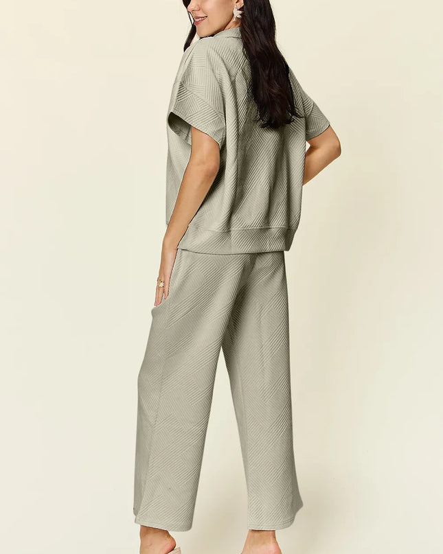 Double Take Full Size Texture Half Zip Short Sleeve Top and Pants Set