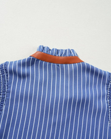 Stripe Frilly Split Neck Shirred Ruffle Sleeve Short Shift Dress