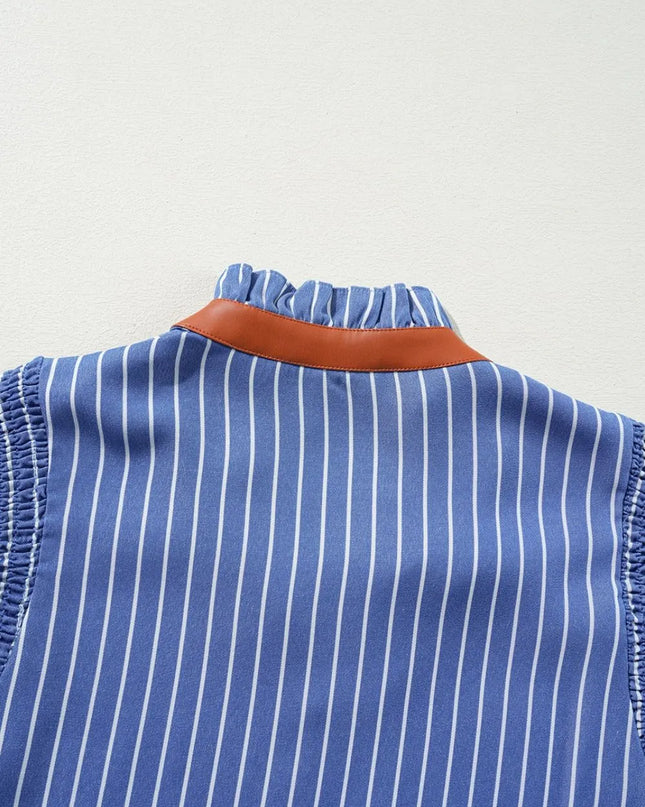 Stripe Frilly Split Neck Shirred Ruffle Sleeve Short Shift Dress