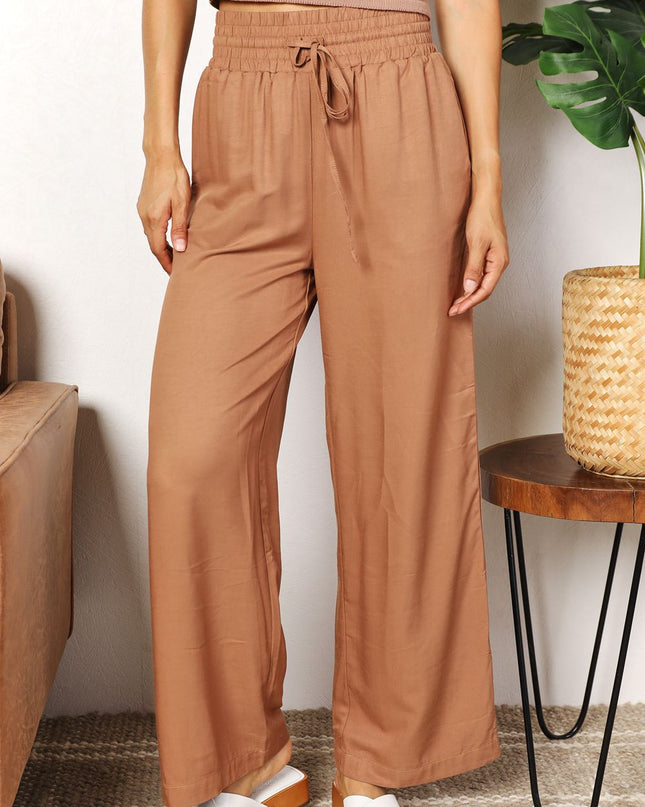 Double Take Drawstring Smocked Waist Wide Leg Pants Camel