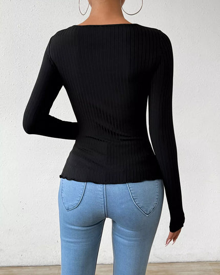 Twist Front Cutout Ribbed Long Sleeve T-Shirt