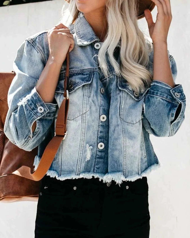 Distressed Raw Hem Denim Jacket