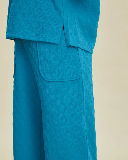 Double Take Full Size Texture Drawstring Short Sleeve Hoodie and Pocketed Pants Set