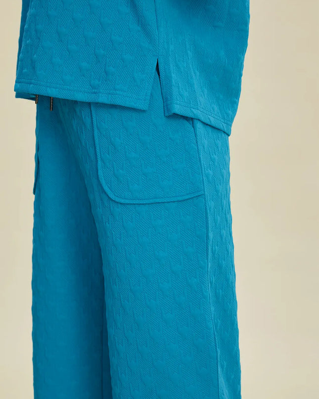 Double Take Full Size Texture Drawstring Short Sleeve Hoodie and Pocketed Pants Set