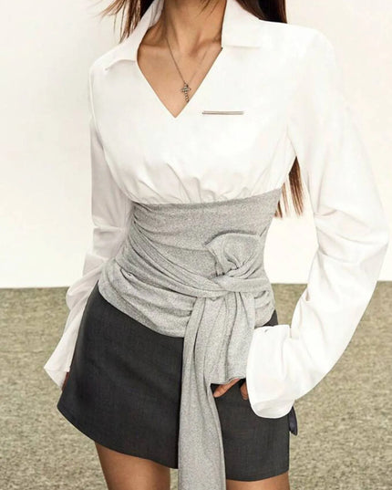 Long Sleeve Tie Front Blouse 