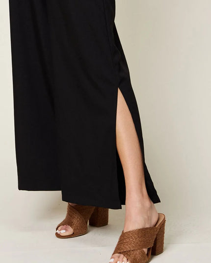 Double Take Full Size V-Neck Tied Side Slit Jumpsuit