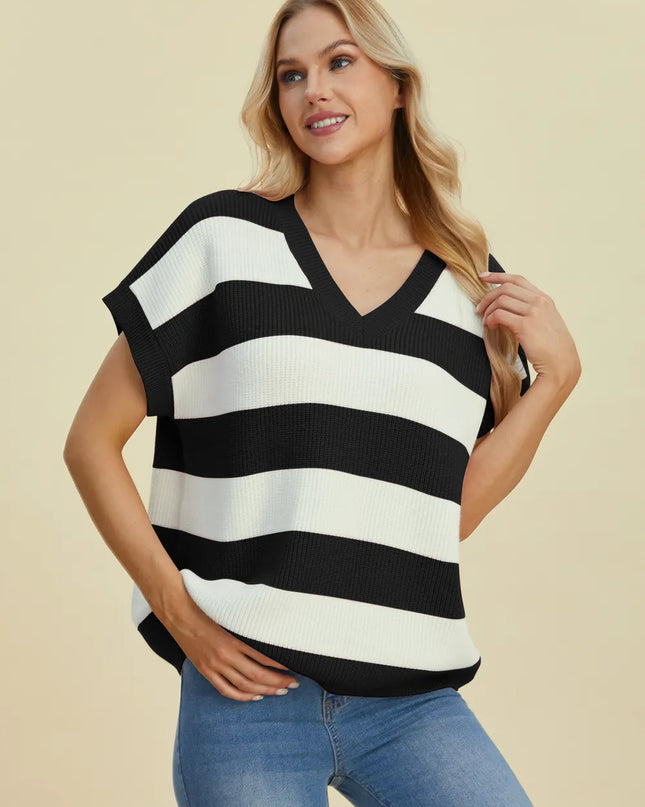 Double Take Full Size Striped V-Neck Short Sleeve Sweater