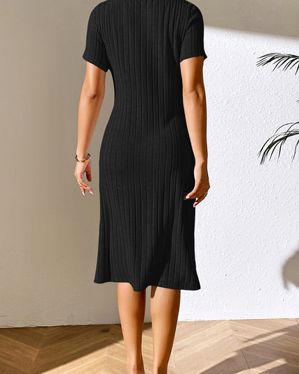 Ivy Lane Ribbed Asymmetrical Neck Short Sleeve Dress