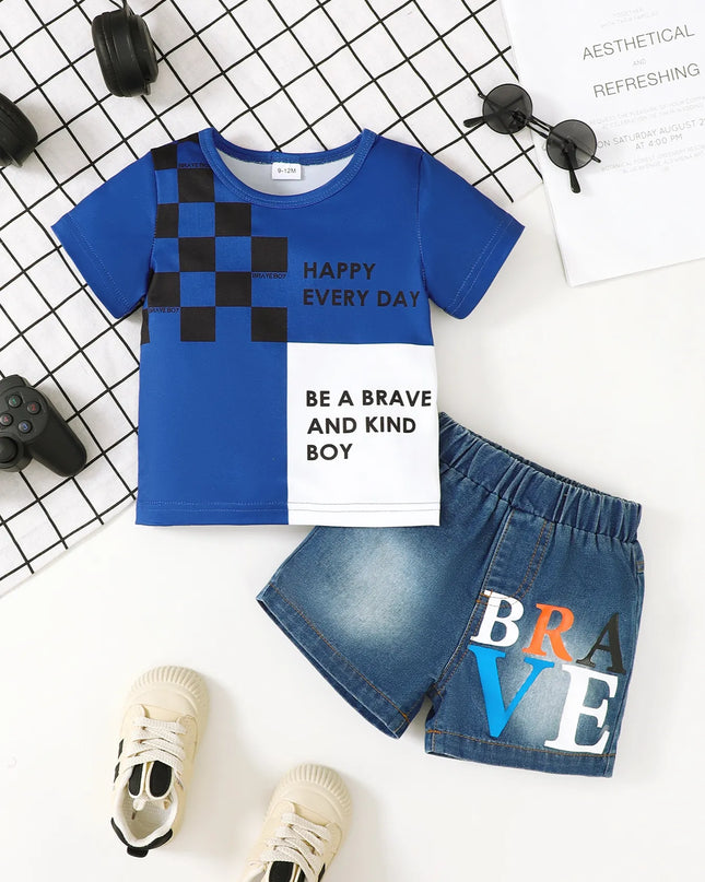 Children's Letter Round Neck Top and Denim Shorts Set