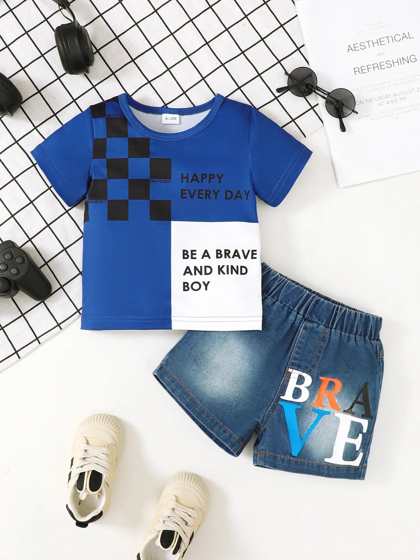 Children's Letter Round Neck Top and Denim Shorts Set