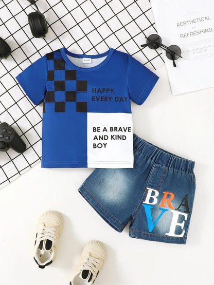 Children's Letter Round Neck Top and Denim Shorts Set