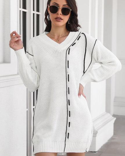 Contrast V-Neck Sweater Dress White