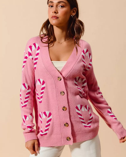 SO ME Christmas Candy Cane Button Front Sweater Cardigan