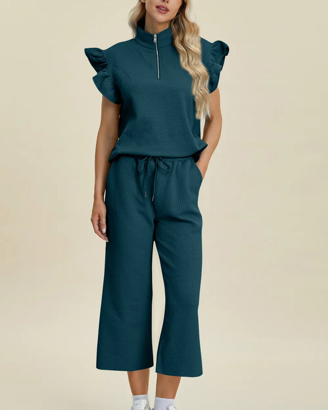Double Take Full Size Texture Ruffle Short Sleeve Top and Wide Leg Pants Set