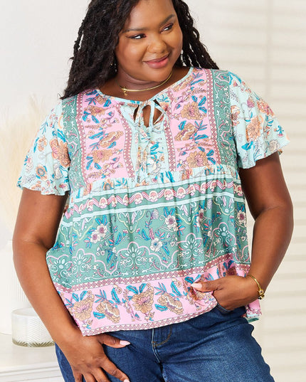 Perfee Floral Tie Neck Short Sleeve Blouse Multicolor