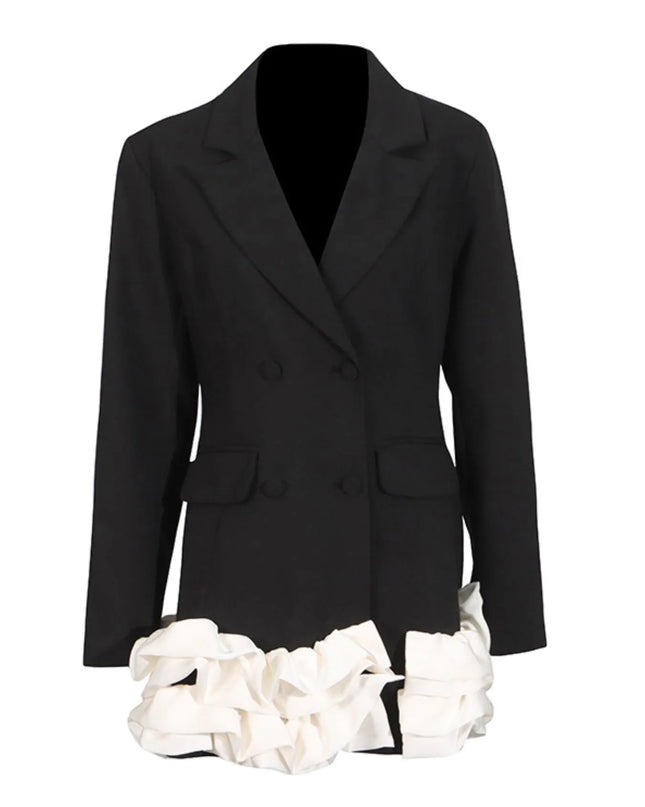 Ruffle Hem Double-Breasted Blazer Dress Black