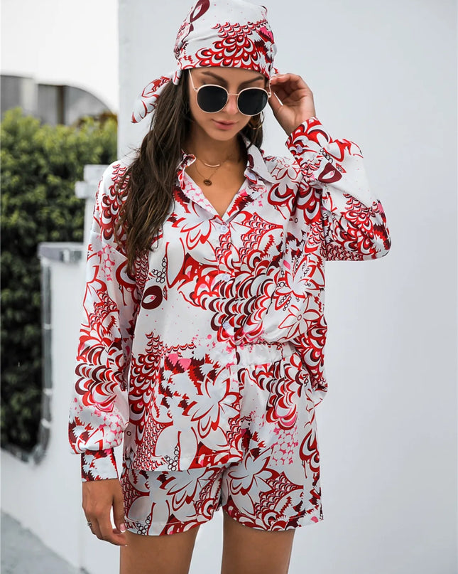 Printed Button Up Long Sleeve Shirt and Shorts Set