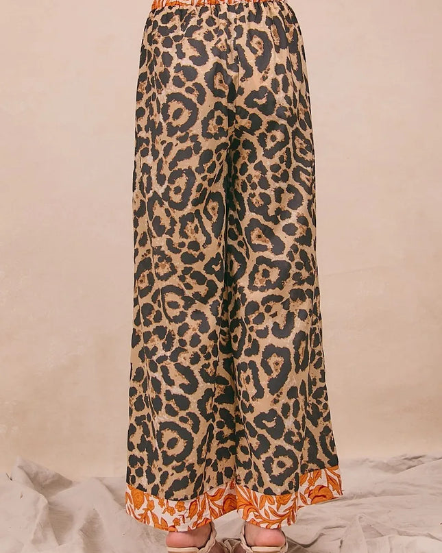 BiBi Leopard Print With Contrast Banded Wide Pants