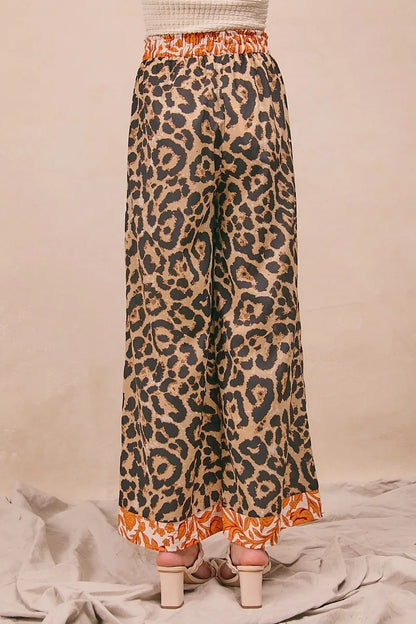 BiBi Leopard Print With Contrast Banded Wide Pants