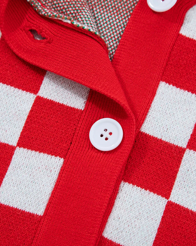 Christmas Tree Pattern Checkered Button V Neck Cardigan