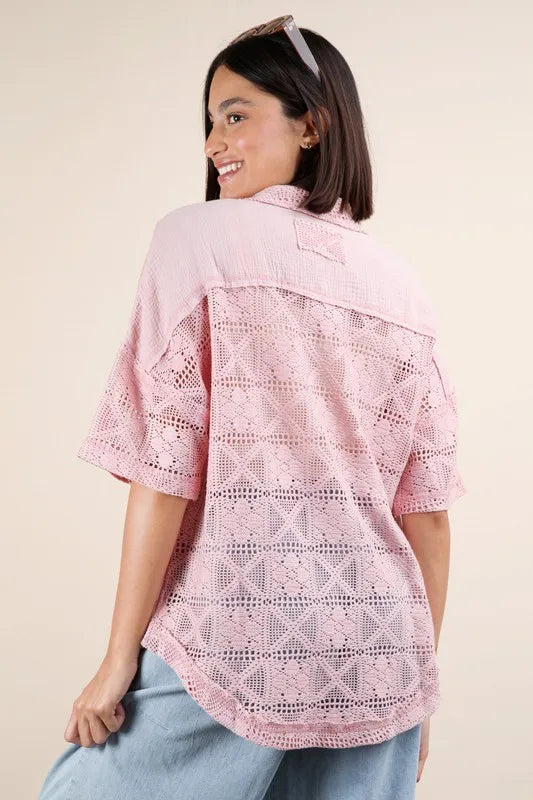 VERY J Plus Size Oversized Crochet Button Down Shirt Top