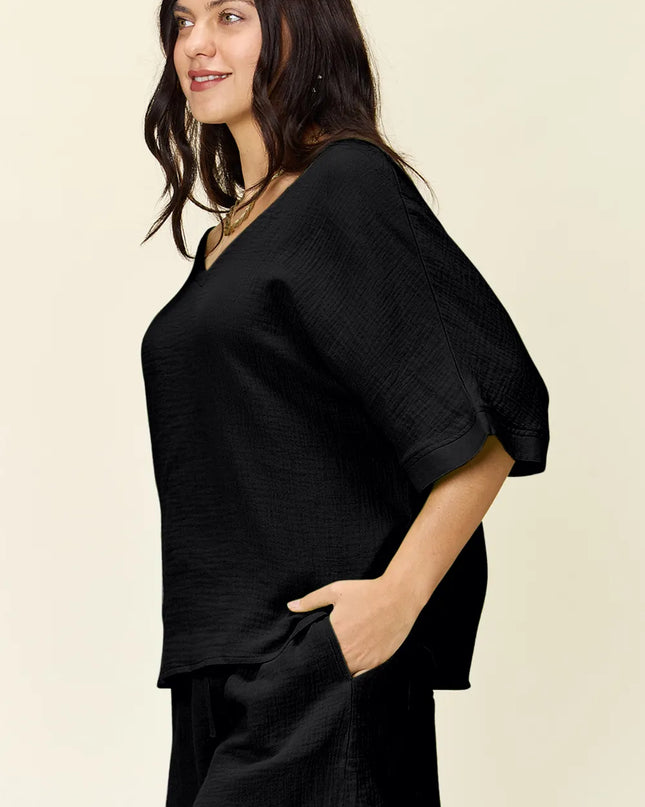 Double Take Texture Half Sleeve T-Shirt and Drawstring Shorts Set