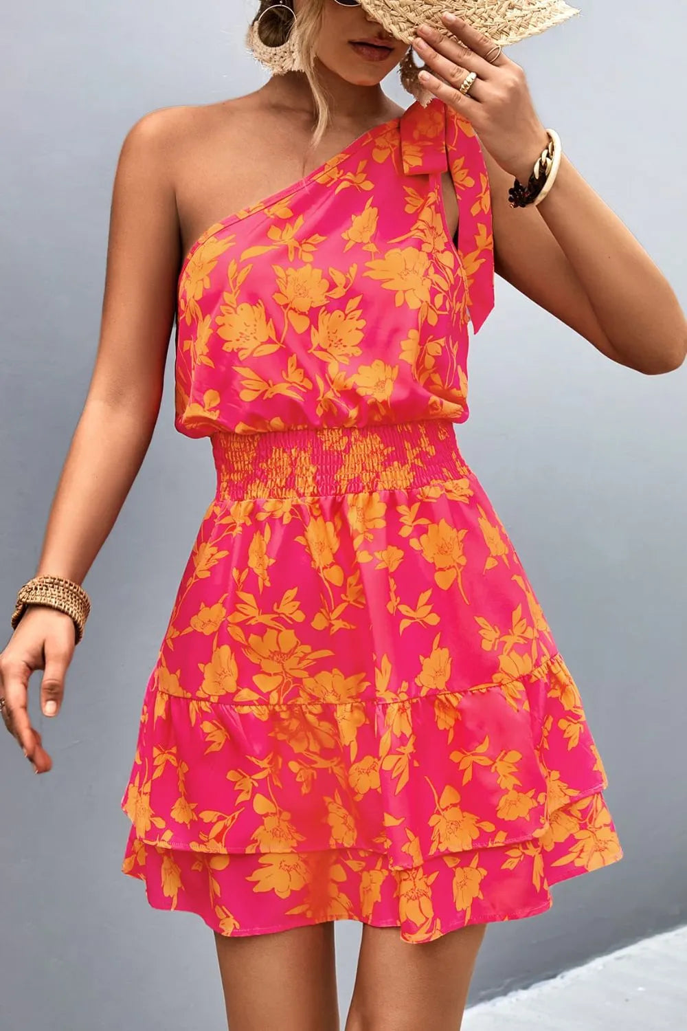 Tied Smocked Printed Single Shoulder Dress Orange-Red
