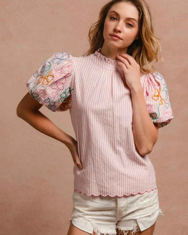 BiBi Embroidery Bubble Sleeve Top With Bottom Scallop Detail