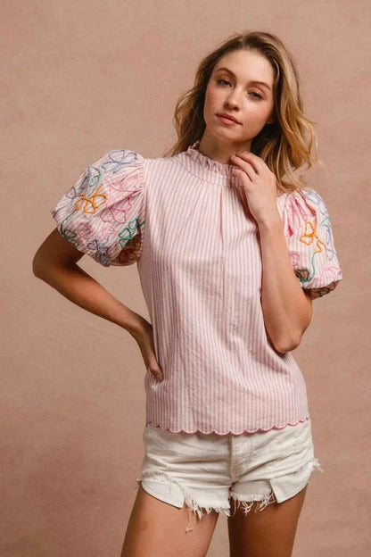 BiBi Embroidery Bubble Sleeve Top With Bottom Scallop Detail
