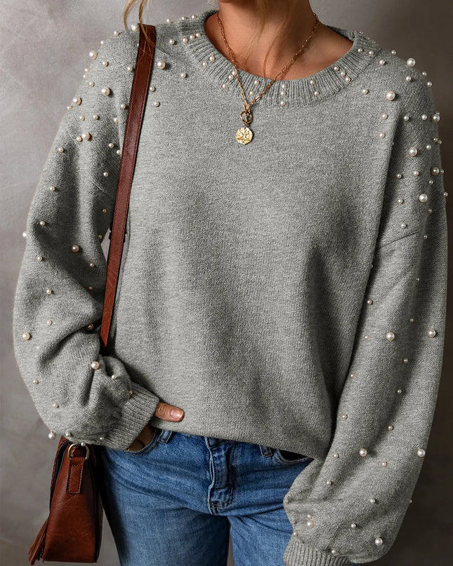 Pearl Detail Round Neck Long Sleeve Sweater Gray