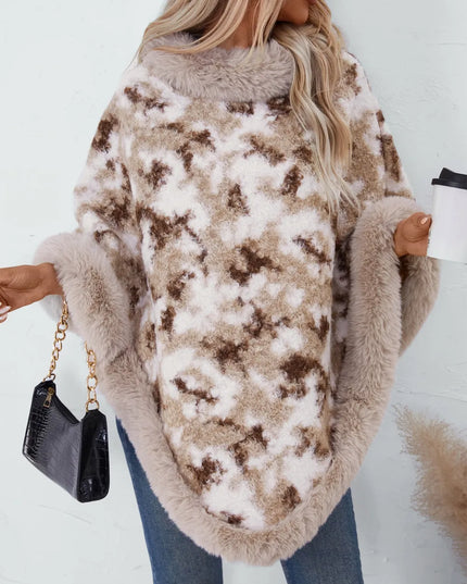 Furry Contrast Three-Quarter Poncho