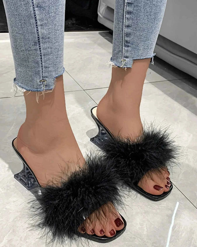 Fluffy Strap Block Heel Sandals