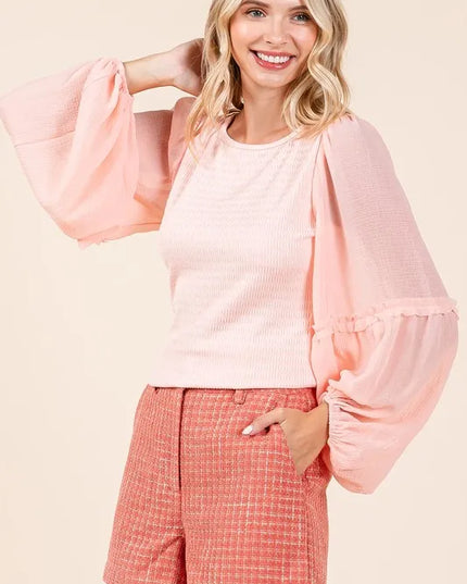 Mittoshop Mixed Media Textured Knit Chiffon Long Sleeve Top 