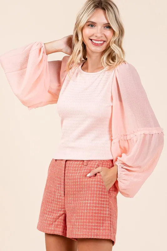 Mittoshop Mixed Media Textured Knit Chiffon Long Sleeve Top 