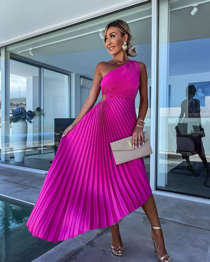 Full Size Single Shoulder Pleated Midi Dress Plus Size 