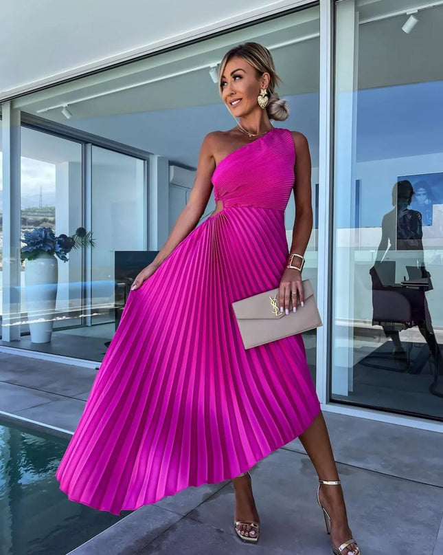 Full Size Single Shoulder Pleated Midi Dress Plus Size 