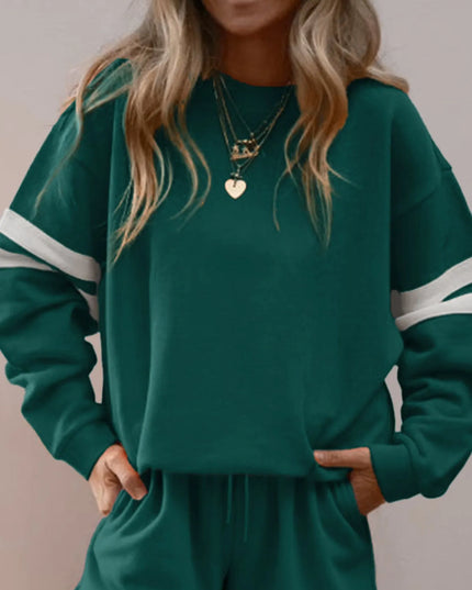 Stripe Round Neck Sweatshirt and Shorts Set Dark Green