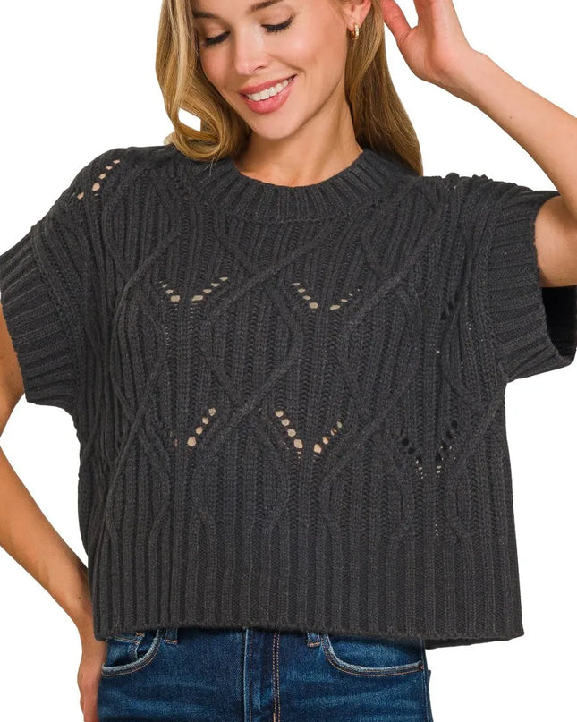 Zenana Cable Knit Short Sleeve Sweater
