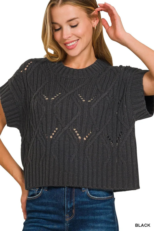 Zenana Cable Knit Short Sleeve Sweater