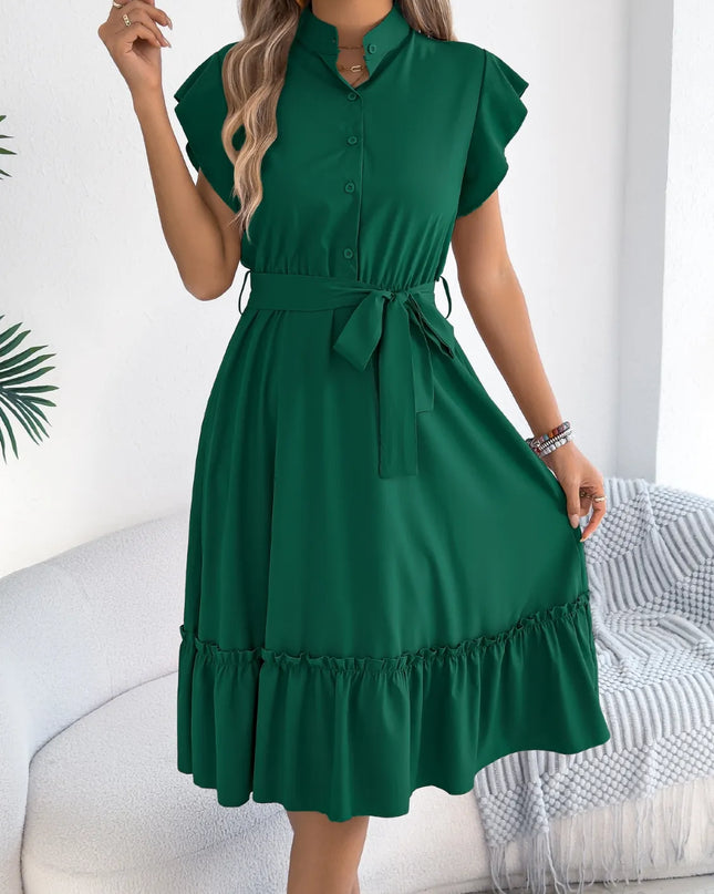 Tie Waist Ruffled Cap Sleeve Dress