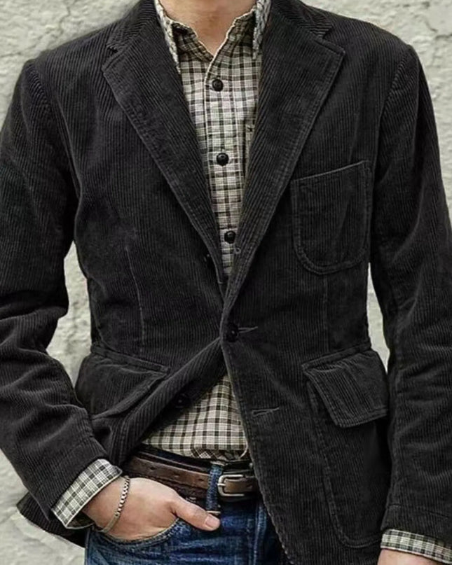 Men's Full Size Button Up Lapel Collar Corduroy Blazer Plus Size Black