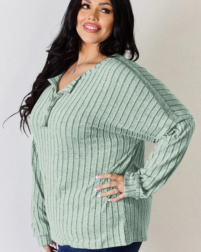 Basic Bae Full Size Ribbed Half Button Long Sleeve T-Shirt