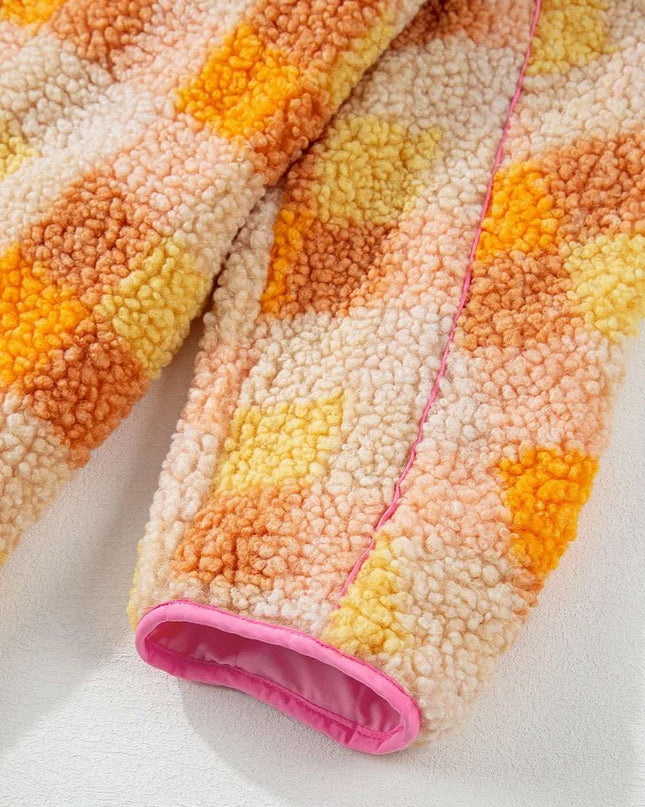 Checkered Long Sleeve Sherpa Hooded Jacket