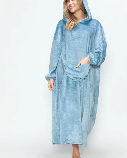 Double Take Full Size Pocketed Hooded Midi Lounge Dress Pastel Blue