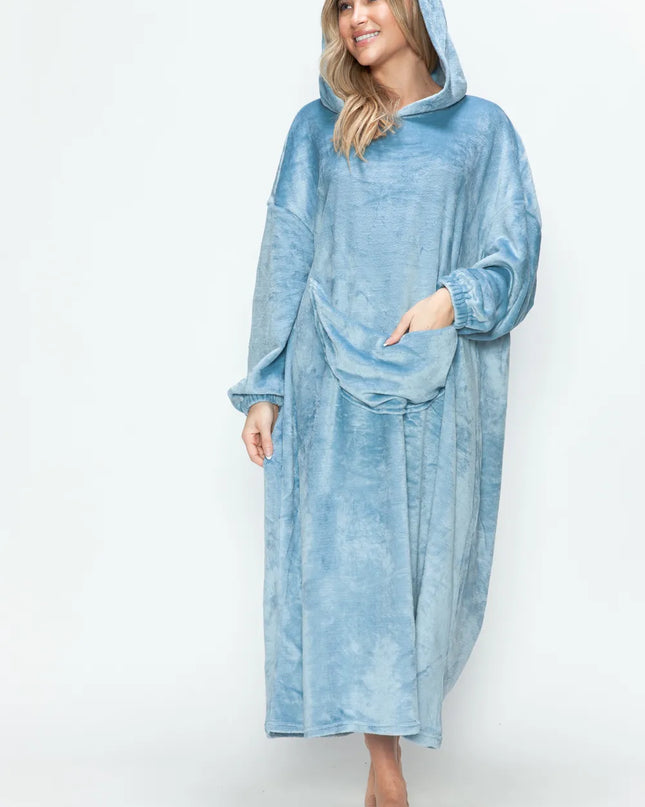 Double Take Full Size Pocketed Hooded Midi Lounge Dress Pastel Blue