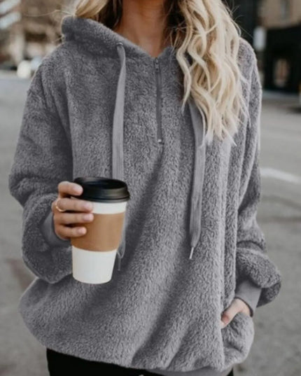 Full Size Quarter-Zip Drawstring Teddy Hoodie Dark Gray