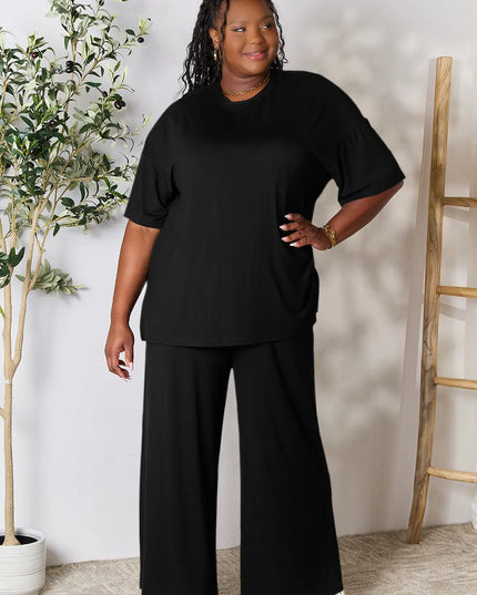 Double Take Full Size Round Neck Slit Top and Pants Set